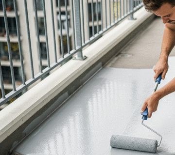 فني يطبق مادة عزل Impermax 2K على أرضية شرفة.