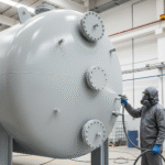 تطبيق مادة رايستون سبراي دي 50 على خزان في مصنع لتوفير حماية كيميائية.