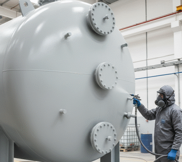 تطبيق مادة رايستون سبراي دي 50 على خزان في مصنع لتوفير حماية كيميائية.