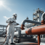 فني يطبق مادة رايستون فاير آي المقاومة للحريق على أنابيب بترولية في بيئة صناعية.