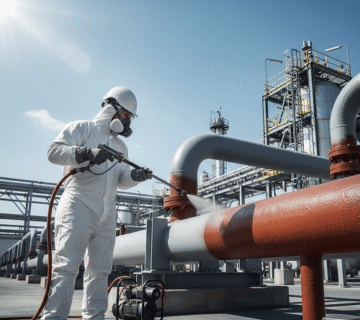 فني يطبق مادة رايستون فاير آي المقاومة للحريق على أنابيب بترولية في بيئة صناعية.
